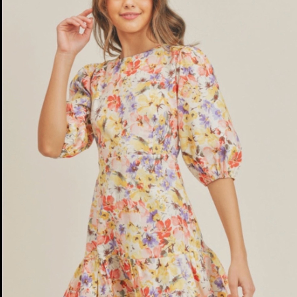 Lush Floral Puff Sleeve Open Back Tie Detail Ruffle Hem Mini Short Dress Women S